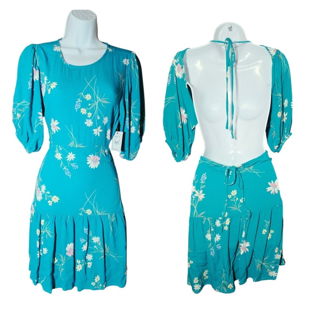 O'Neill Alta Mini Dress Turquoise Floral Backless‎ Puff Sleeve Beachy XS NWT